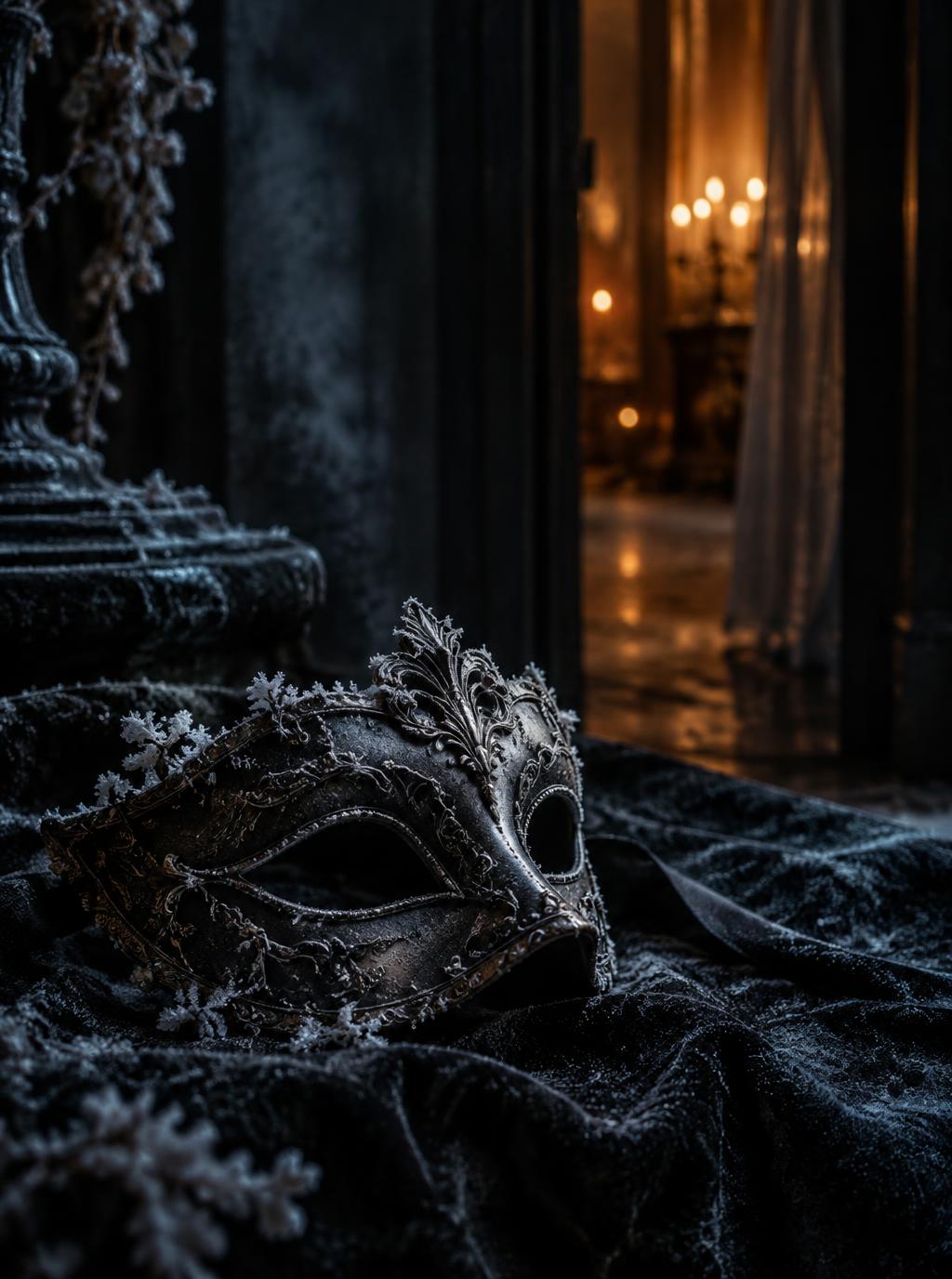 En frostlagt maske med varmt lys i rommet bak